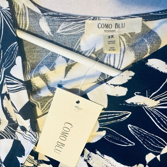 NWT COMO BLU NWT PLUS Women 3x White Navy/Dark Blue Floral Flowy ,V-Neck - Picture 7 of 7
